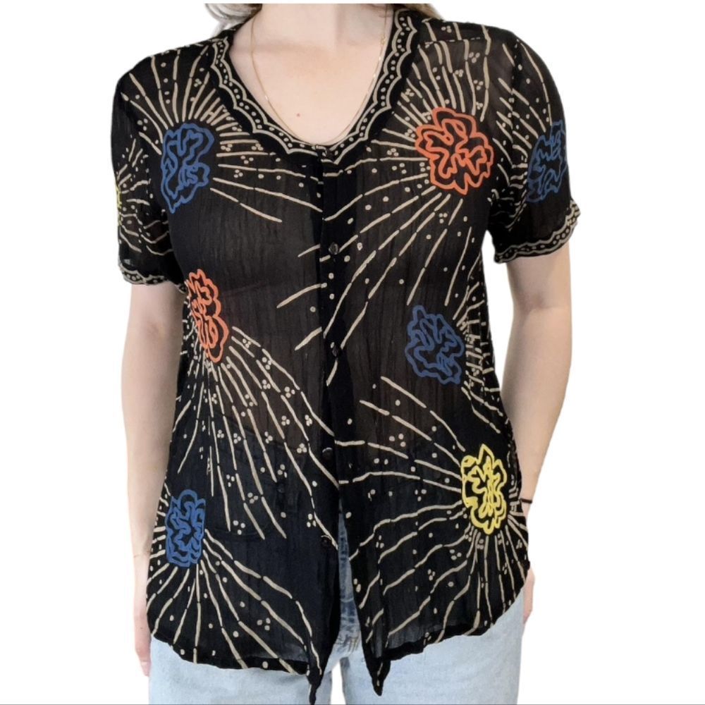 NEWPORT NEWS Black Sheer Floral Beach‎ Blouse Size M